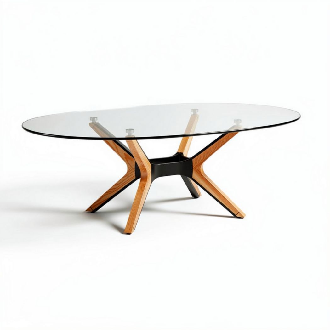 Glazen eettafel met houten onderstel voor de eetkamer - 150 x 100 x 40cm